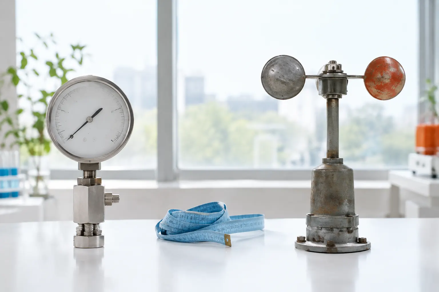 Instrument de laboratoire et anémomètre d’extérieur côte à côte, laboratoire face au terrain