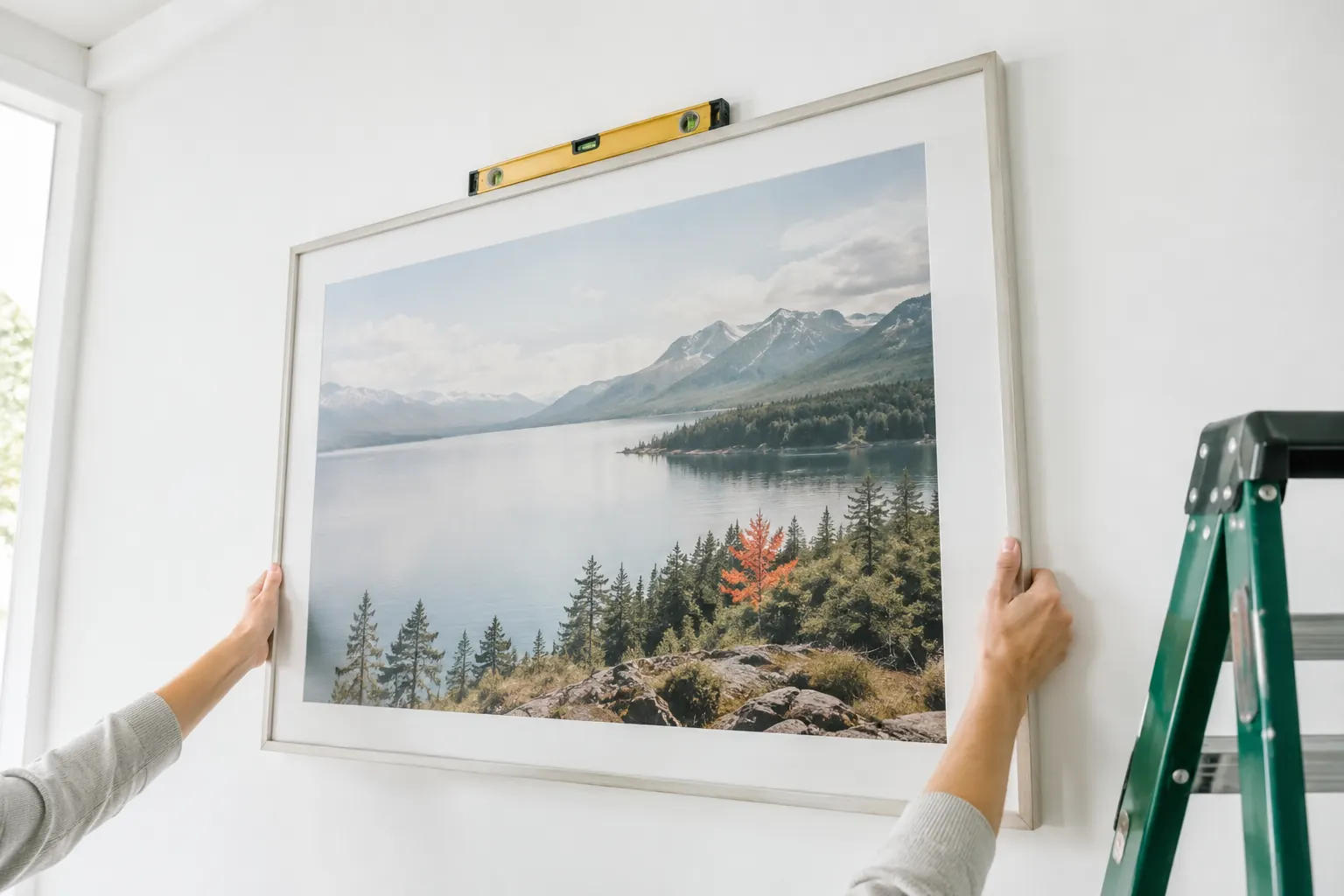 Mains accrochant un grand cadre en premier sur un mur blanc, métaphore de l’image hero