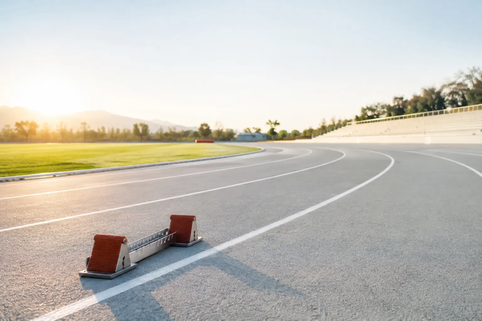Piste d’athlétisme vide au lever du soleil avec blocs de départ au premier plan